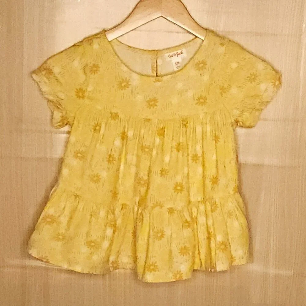 Cat & Jack Girls Yellow Floral Short Sleeve Babydoll Tunic Top 8
